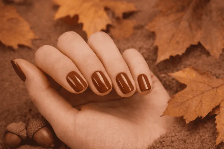 Warm brown nails with autumn leaves