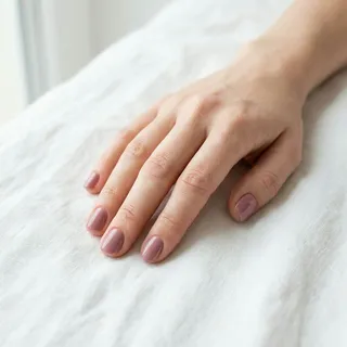 Minimalist and clean hand photography of short square nails in a soft Blushed Berry color