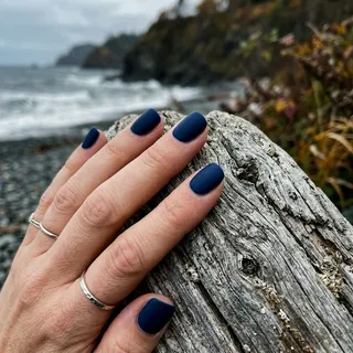 Matte deep navy squoval nails resting on weathered driftwood by the ocean