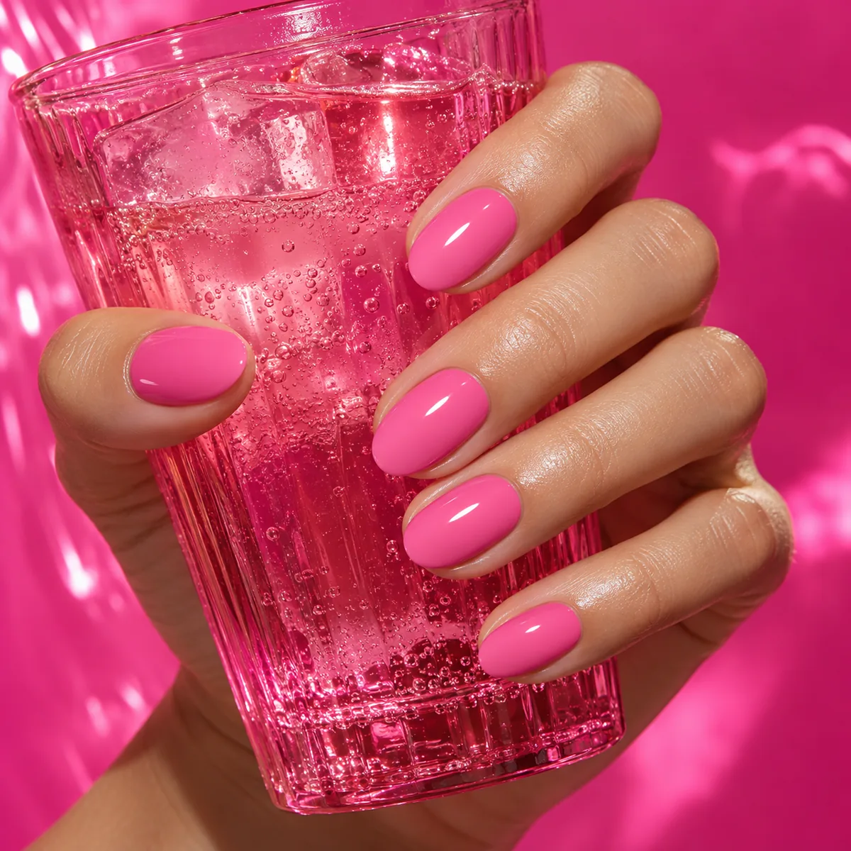 Photographic candy pink manicure with glossy candy pink nail polish