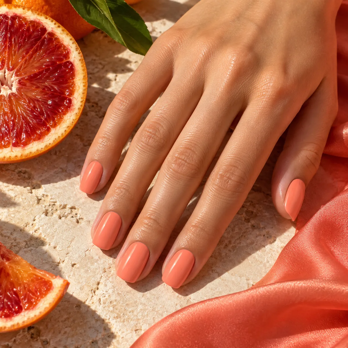 Photographic coral pink manicure with glossy coral pink nail polish