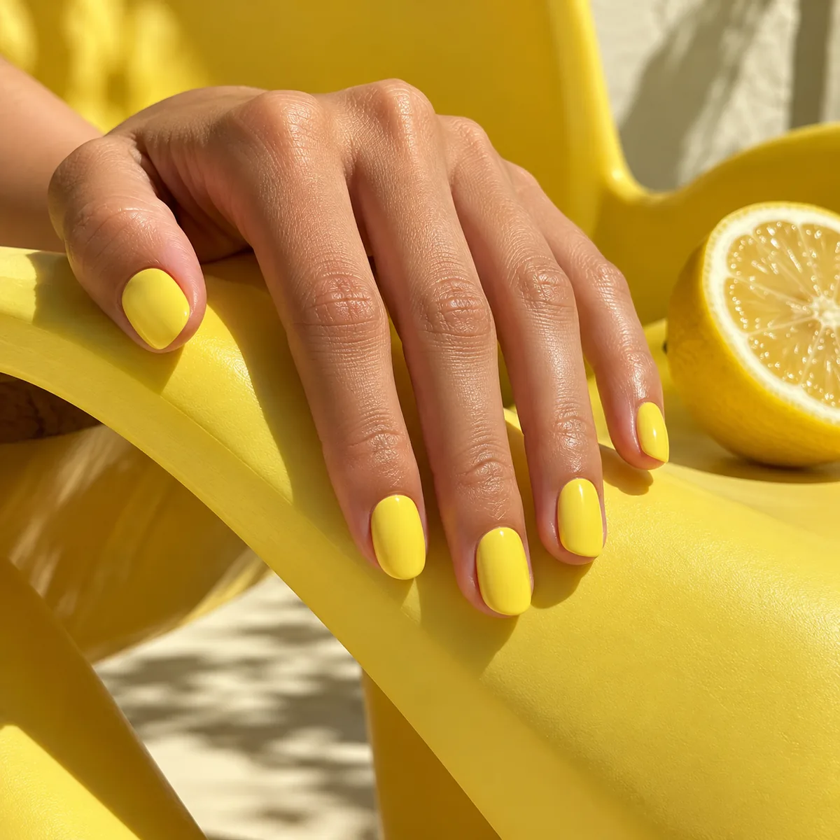 Photographic lemon yellow manicure with glossy lemon yellow nail polish