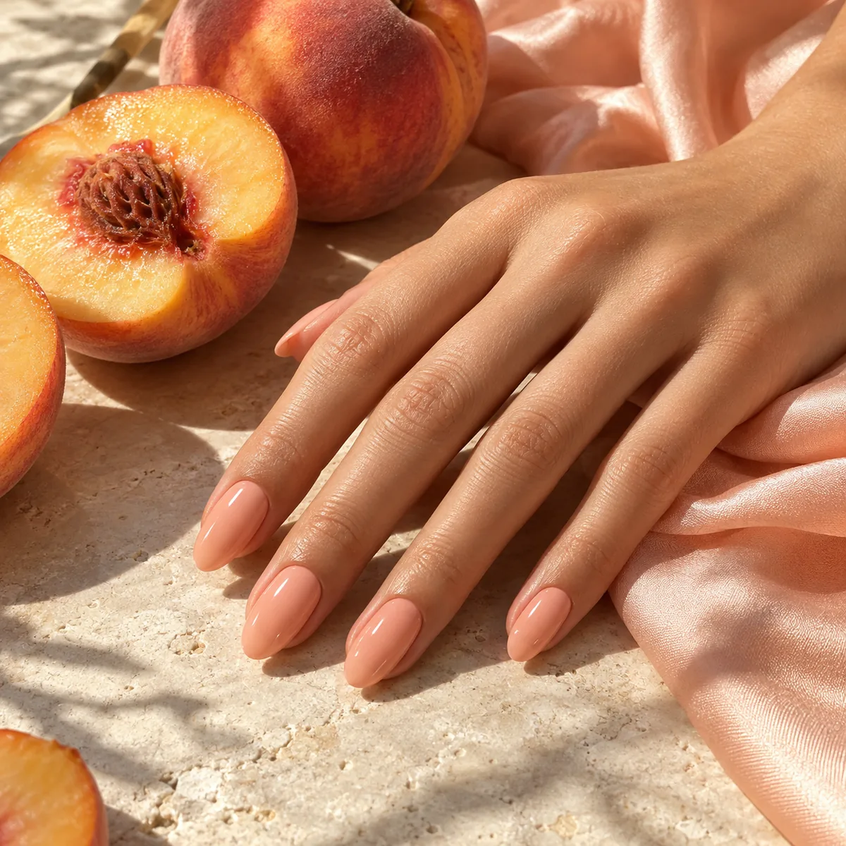 Photographic peach pink manicure with glossy peach pink nail polish
