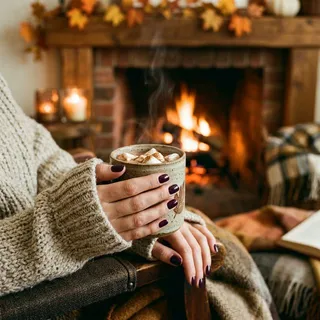 Cozy fall-themed photography of Nightshade nail color by a fireplace
