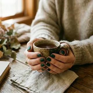 Square nails in dark pine needle green cupping a handmade ceramic cup