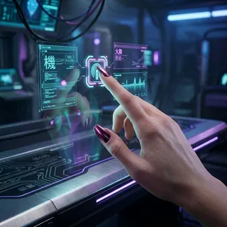 Futuristic 3D render of Plum Wine nail color on a cybernetic hand with holographic interface