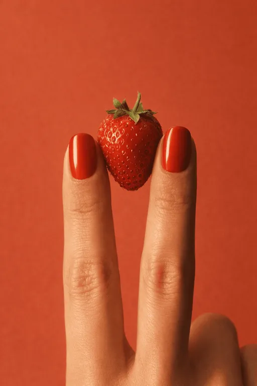 Red nails holding ripe strawberry