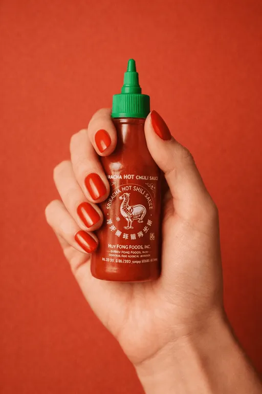 Red nails holding Sriracha bottle