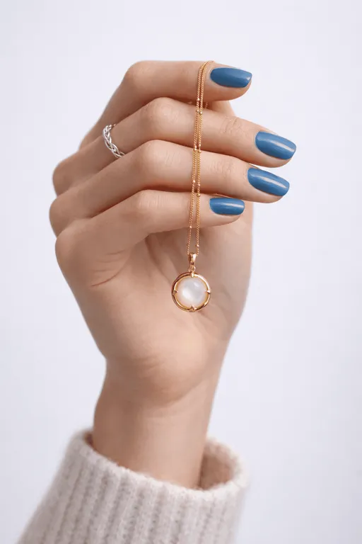 Steel blue nails holding necklace