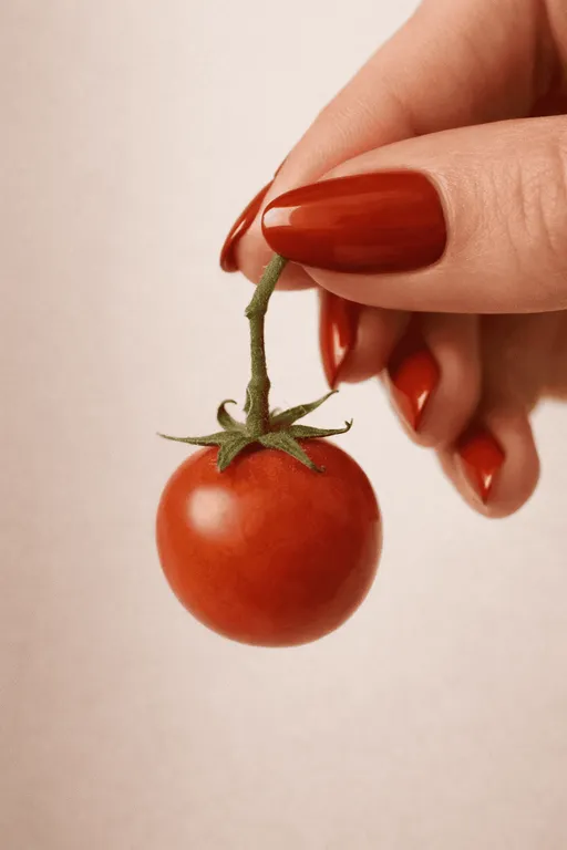 Red nails holding cherry tomato vine