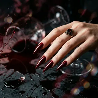 Abstract artistic visualization of Wine Stain nail color with red wine splashes
